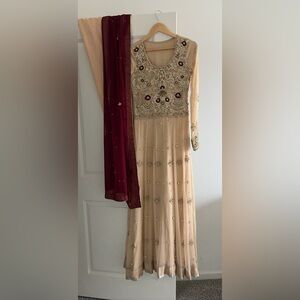 Embroidered Beige & Maroon Women's Dress